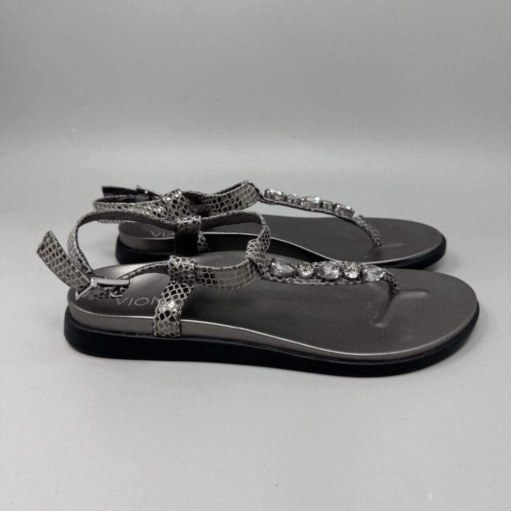 Vionic Palm Boca Sandal Pewter Snake Womens 8M Flat Rhinestones Grey